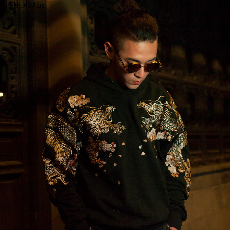 AreMoMuWha Original Spring Autumn New Chinese Style Men Women Couple Models Gold Line Dragon and Phoenix Embroidery HoodedQX1035