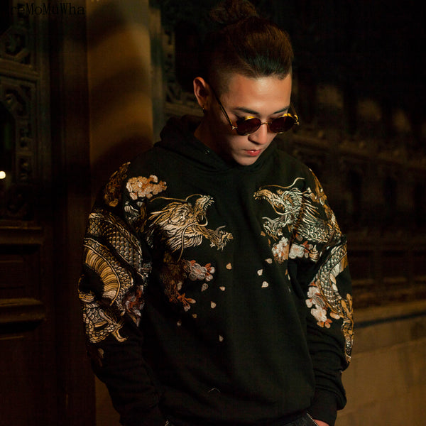 AreMoMuWha Original Spring Autumn New Chinese Style Men Women Couple Models Gold Line Dragon and Phoenix Embroidery HoodedQX1035
