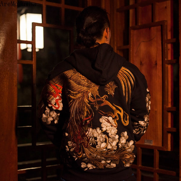 AreMoMuWha Autumn and Winter Japanese Heavy Embroidery Men's Hooded Hoodie Cherry Suzaku Embroidery Harajuku Black HoodieQX1096