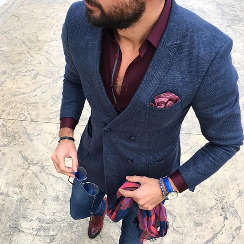 Custom Designs Blue Men Suit Handsome Tuxedos Peaked Lapel Mens Blazer Slim Fit Suit Retro Street Double Breasted  only coat
