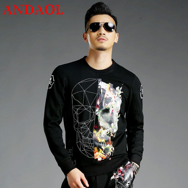 ANDAOL Men's Hoodies Sweatshirts Top Quality Slim Print Skulls O-Neck Pullover Jacket Luxury Harajuku Stretch Cotton Tracksuits