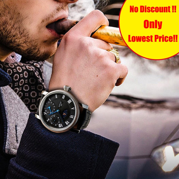 Parnis Hand Winding Men's Watch PVD Case Blue Hands White Dial Black Leather Band Mens Mechanical Hand Wind Watches Gift for Men