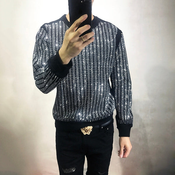 Ironing Men And Women Rhinestone Round Neck Pullover Long Sleeve Shiver Sound Guard Clothes