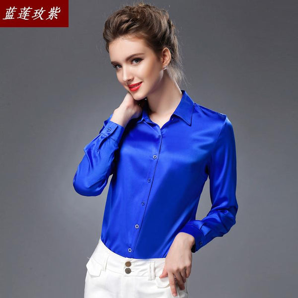 2019 female spring and autumn silk shirts blouses long sleeve slim Pure color simple shirt Lady's silk OL office blouse female