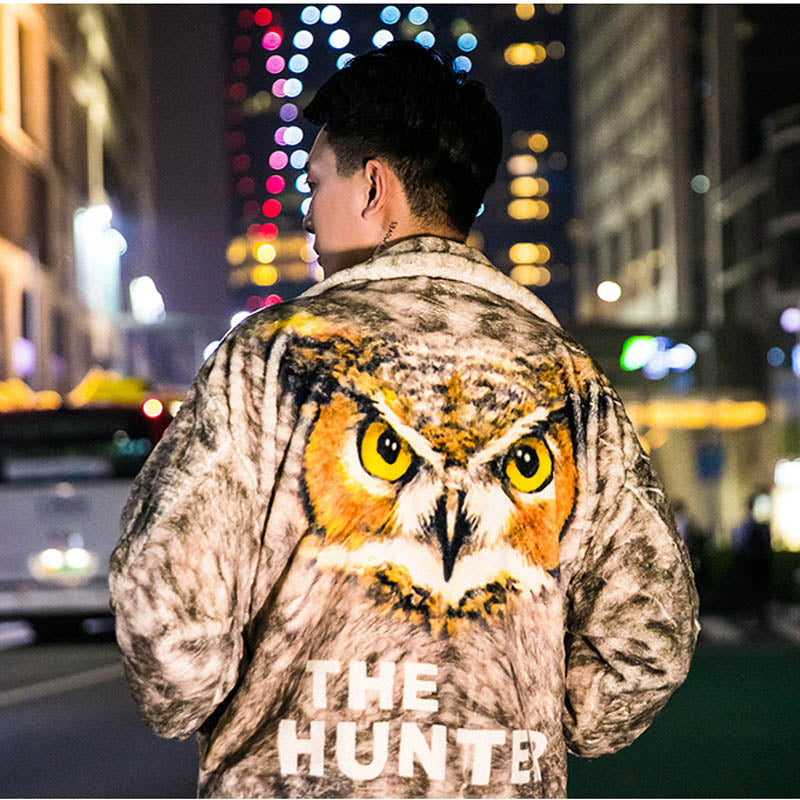 HFNF Mens/Males Owl Embroidery Outside Autumn and Winter Plus Velvet Thickening Couple Short Coat