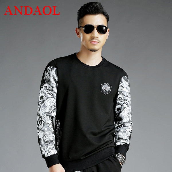 ANDAOL Men's Hoodies Sweatshirts Casual Slim print Long-Sleeve O-Neck Pullover Jacket Luxury Harajuku Stretch Cotton Tracksuits