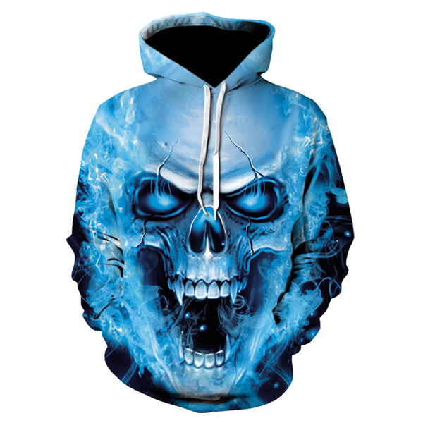 2019 Men 3D Fashion Casual Creativity Funny Teenagers Jacket Blue Fire Skull Print  Sleeve Loose Hooded  S-5XL