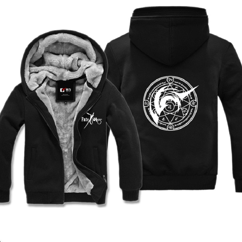 New Winter Warm Jacket Velvet Hoodies Fate Zero FZ Woolen  Coat Boutique Veste Caster Anime Print Custom Design Varsity Men