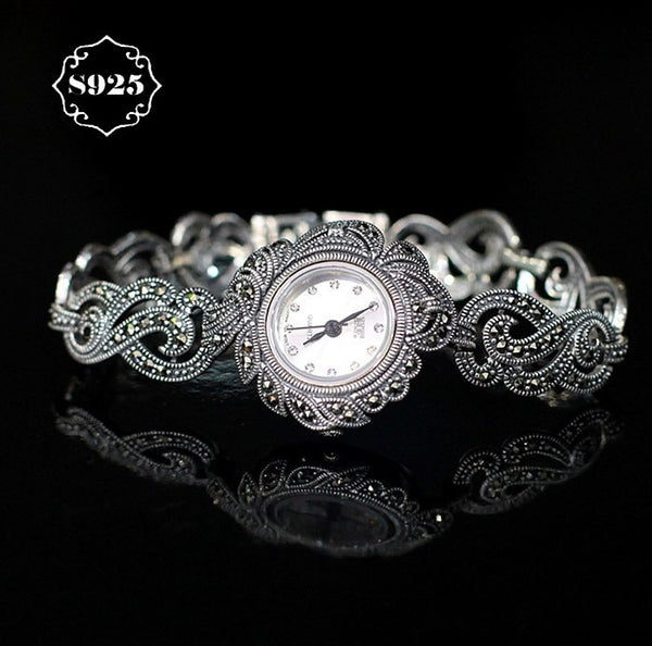 New Limited Classic Elegant S925 Silver Pure Thai Silver Flower Bracelet Watches Thailand Process Rhinestone Bangle Dresswatch