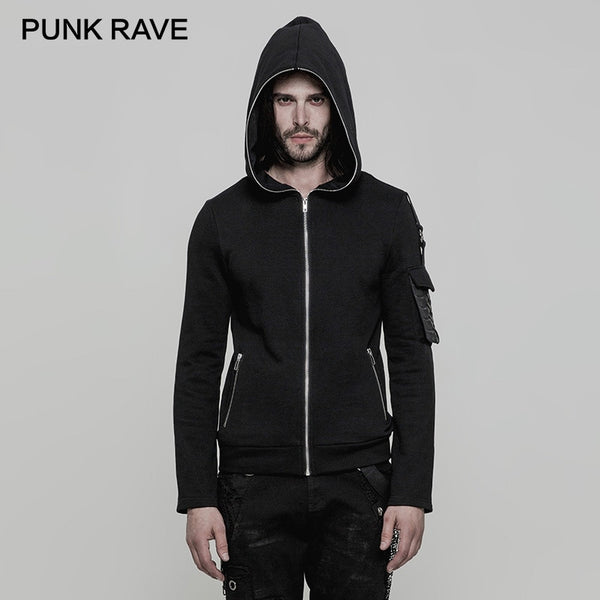 PUNK RAVE Spring Autumn Simple Street Short Men Sweatshirts Knitted Big Hat Zipper Interwoven Pocket Keel Brush Sleeve Hoodies