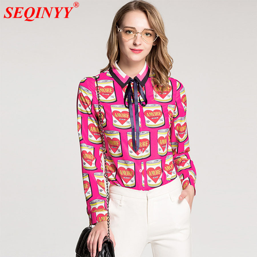 Spring Wild Print Women Shirts 2018 New Fashion Long Sleeve Ribbons Belt Turn-Down Collar Cute Cans Print Office-Lady Rose Tops