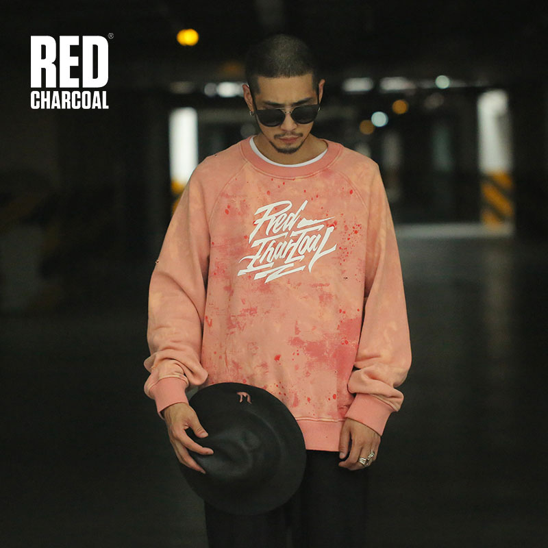 Red Charcoal 2018 A/W Vintage Distressed Hole Pink Fleece Sweatshirts Mens O-neck Streetwear Hip Hop Sweatshirt