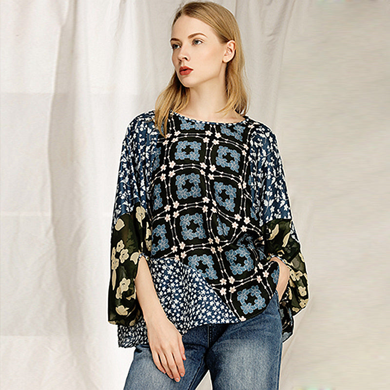 100% Silk Blouse Women Top Printed Spliced Design O Neck Three-quarter Lantern Sleeves Loose Top Casual Style New Fashion 2018