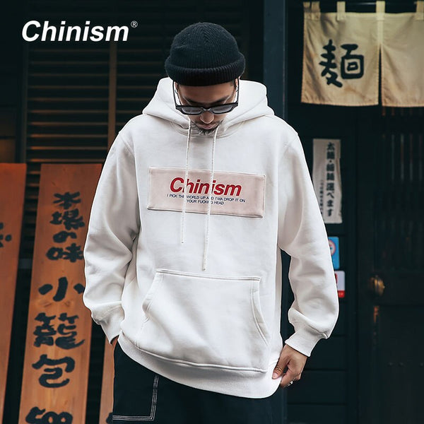 CHINISM Patch Design Fleece Hoodie Sweatshirts Mens Front Pocket Hip Hop Loose 2018 Winter New Pullover Sweatshirts
