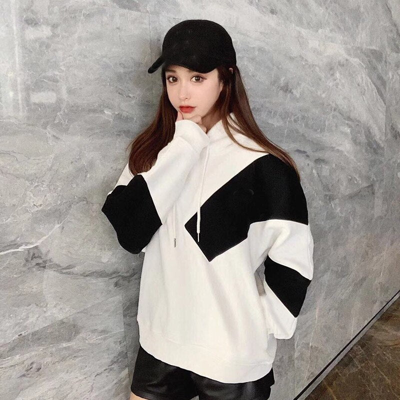 Cotton Sweatshirts Long Sleeve Casual Hooded Hoodie Women Pullover Fashion Casual Patchwork Hoodies