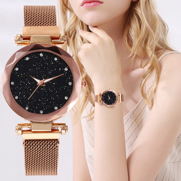 Best Selling Women Mesh Magnet Buckle Starry Sky Watch Casual Luxury Women Geometric Surface Quartz Watches Relogio Feminino