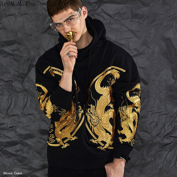 AreMoMuWha Men's Chinese Style Gold Robes Embroidered Sweatshirts Men's Autumn and Winter Coat Hooded  Hip Hop Loose Trend QX477