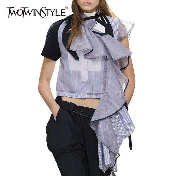 TWOTWINSTYLE Summer Striped Women Blouse Stand Collar Short Irregular Ruffles Hit Color Patchwork Shirt Female Fashion 2019 New