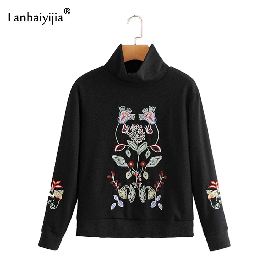 Lanbaiyijia Newest Floral Embroidery Turtleneck Hoodies Women Pullover Long Sleeve Loose Autumn Women Sweatshirts Fashion Top