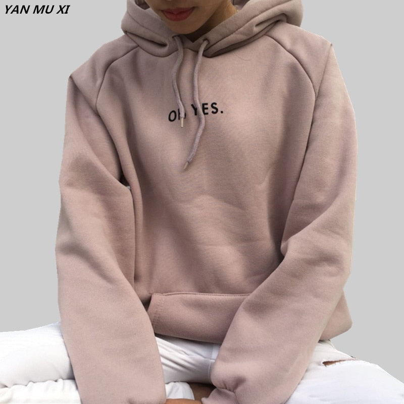 OH YES New Fashion Corduroy Long sleeves Letter Harajuku Print  Light pink Pullovers Tops O-neck Women's Hooded sweatshirt tops